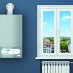 Heating house. Gas boiler, window, heating radiator.