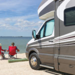 Road trip in USA, couple relaxing near water