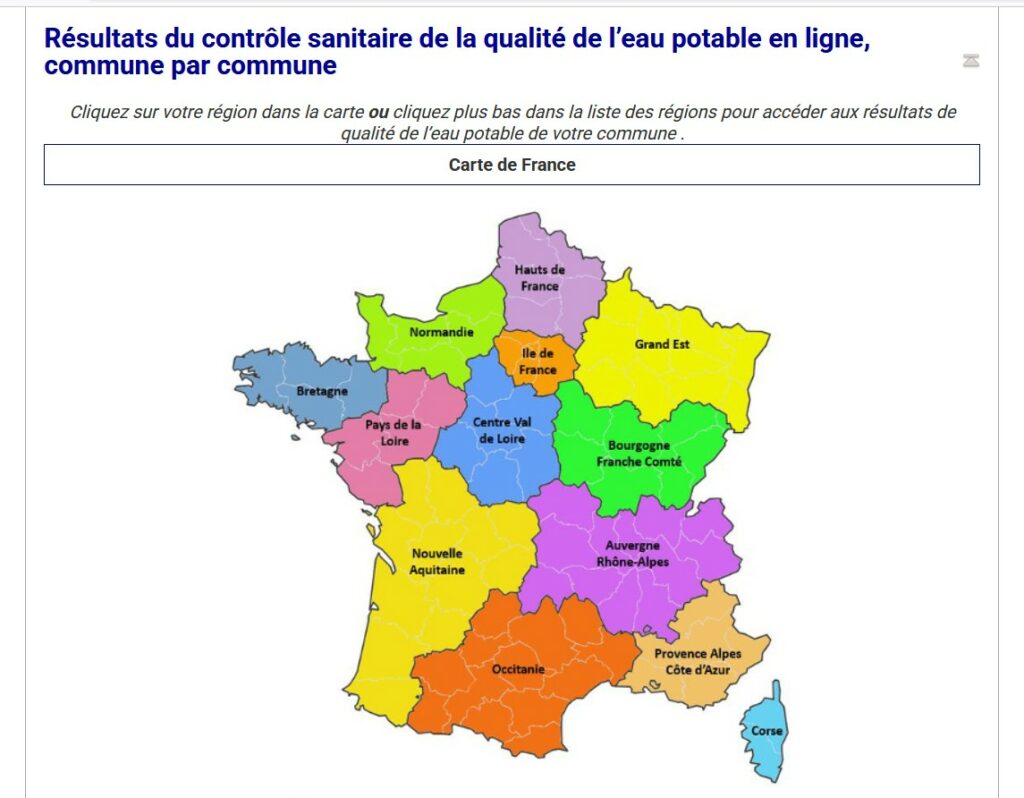 cartographie : résultats du contrôle sanitaire de la qualité de l'eau potable en ligne, commune par commune