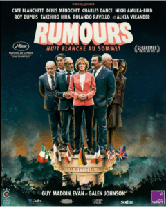 Affiche du film "Rumours" montrant un château isolé devant une forêt sombre, symbolisant l'errance des dirigeants du G7 dans une satire politique réalisée par Guy Maddin, Evan Johnson et Galen Johnson.