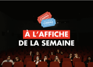 Groupe de personnes assises dans une salle de cinéma avec l'affiche "À L'AFFICHE DE LA SEMAINE" et deux billets de cinéma illustrés.