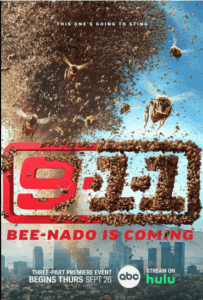 Affiche promotionnelle de la série \"9-1-1\" montrant un essaim d'abeilles formant le titre, avec les slogans \"THIS ONE'S GOING TO STING\" et \"BEE-NADO IS COMING\", annonçant un événement en trois parties à partir du 26 septembre sur ABC et Hulu.