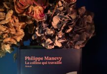 Couverture du roman La colline qui travaille de Philippe Manevy, montrant une illustration urbaine avec immeubles, voiture et cloche décorative à fleurs séchées.
