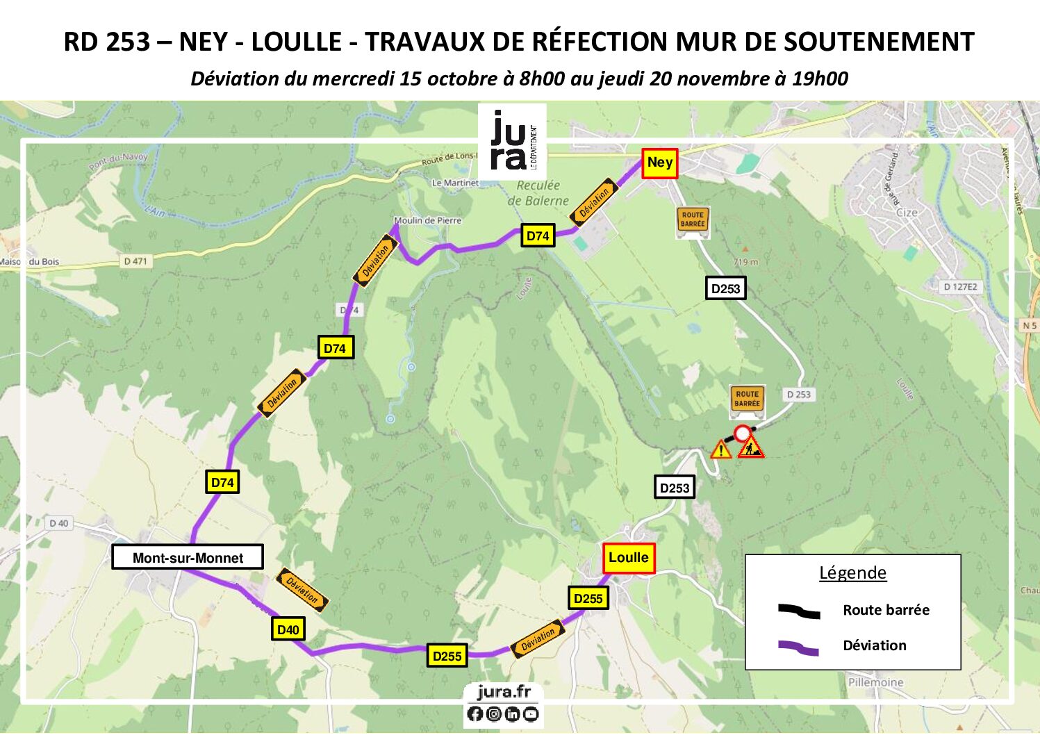 Champagnole. Circulation coupée entre Ney et Loulle