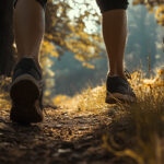 Young woman running on forest trail in autumn, closeup of legs