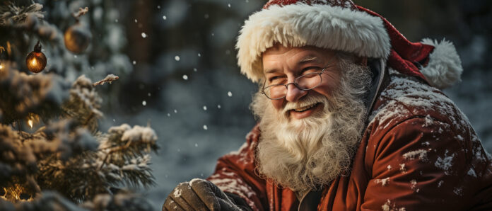 Christmastime portrait of Santa Claus with a red automobile and