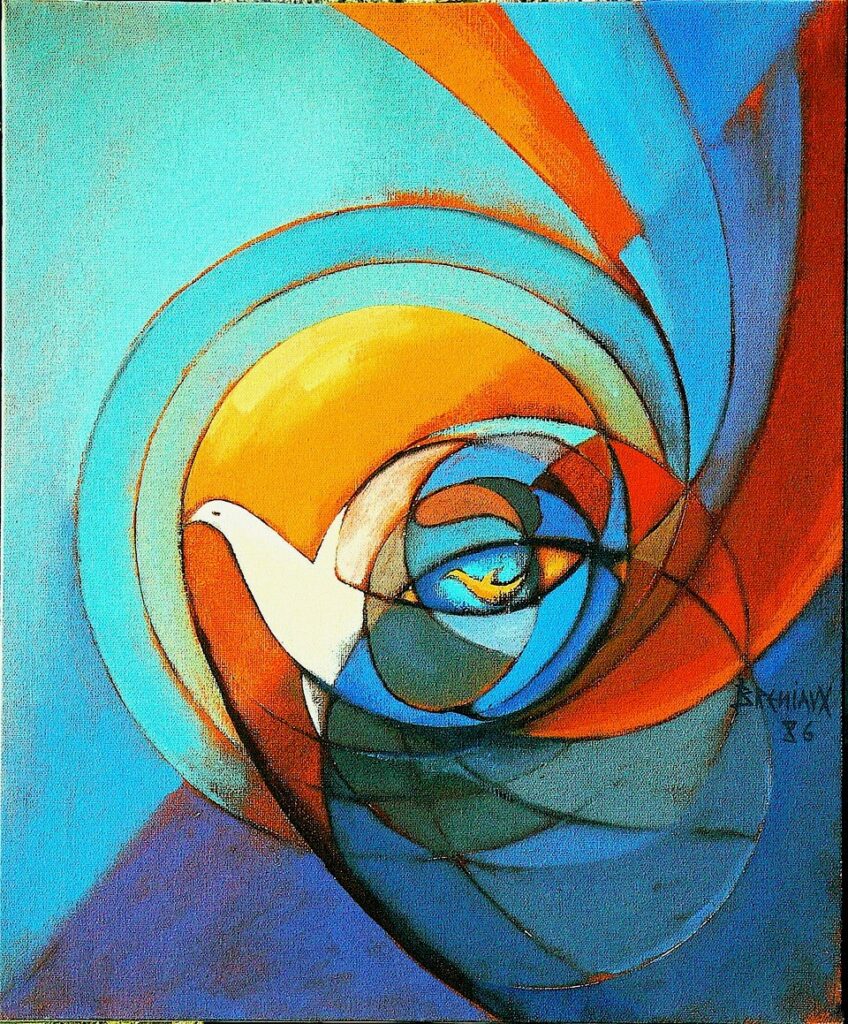 Tableau coloré avec une colombe stylisée, exprimant l