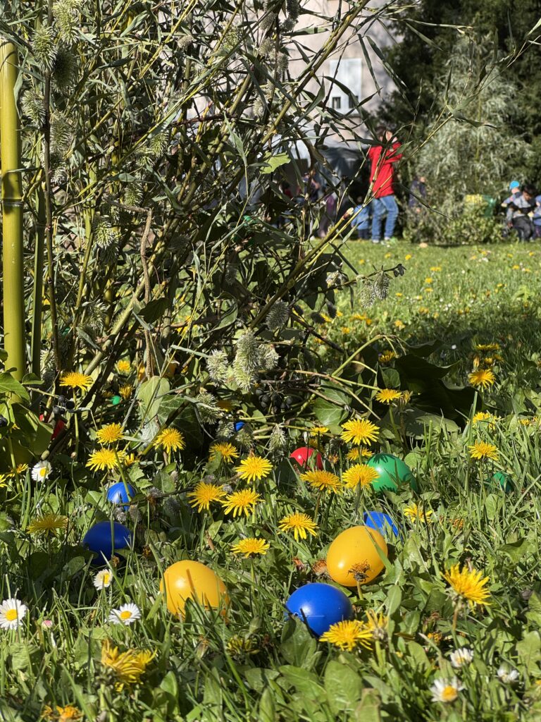 Œufs colorés dans l'herbe à Oyonnax