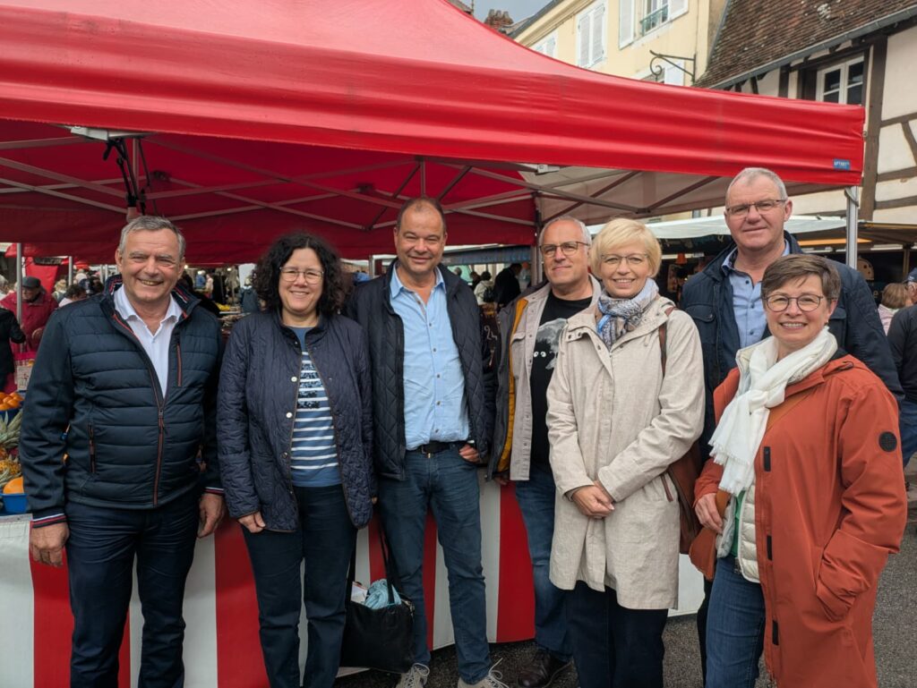 Membres du comité de jumelage au marché de Louhans