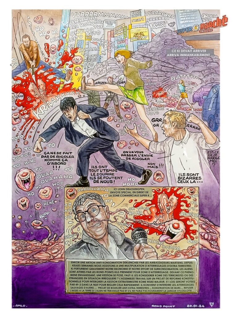 Planche BD, composition graphique dense et créatures mutantes