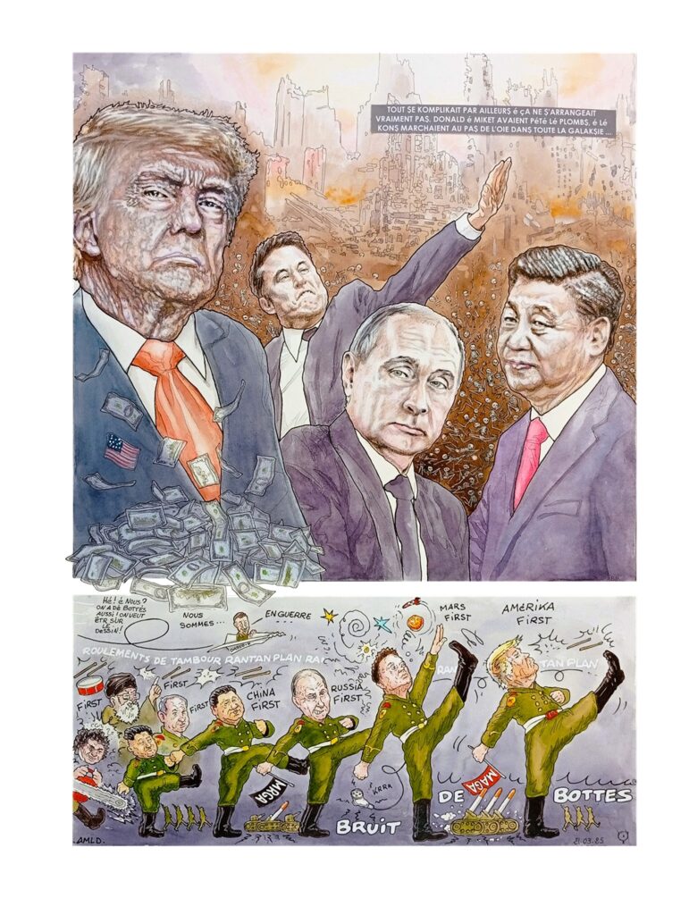 Planche de bande dessinée, personnages et ambiance post-apocalyptique