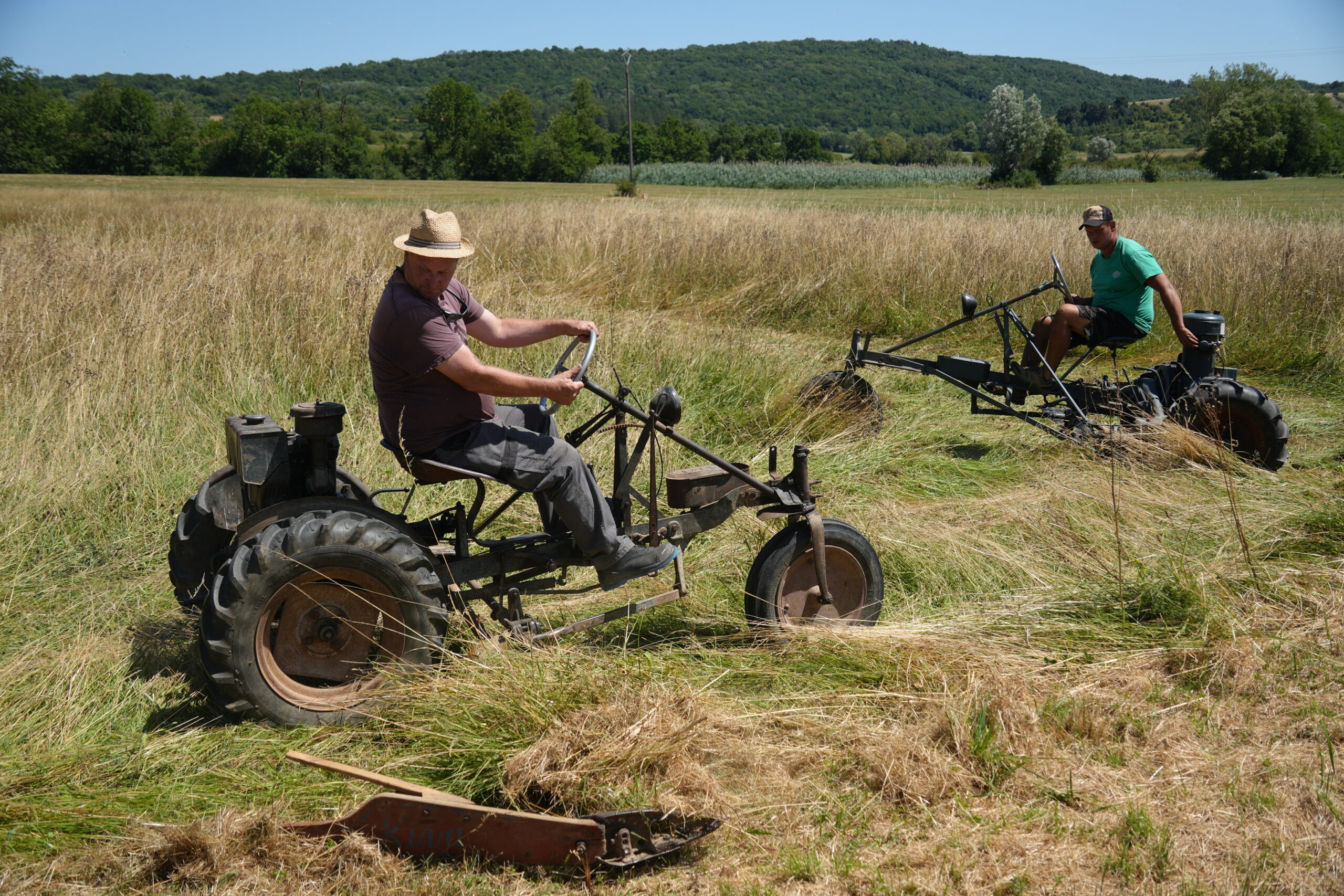 Démonstration agricole avec machines anciennes en plein champ à la fête des Kiva