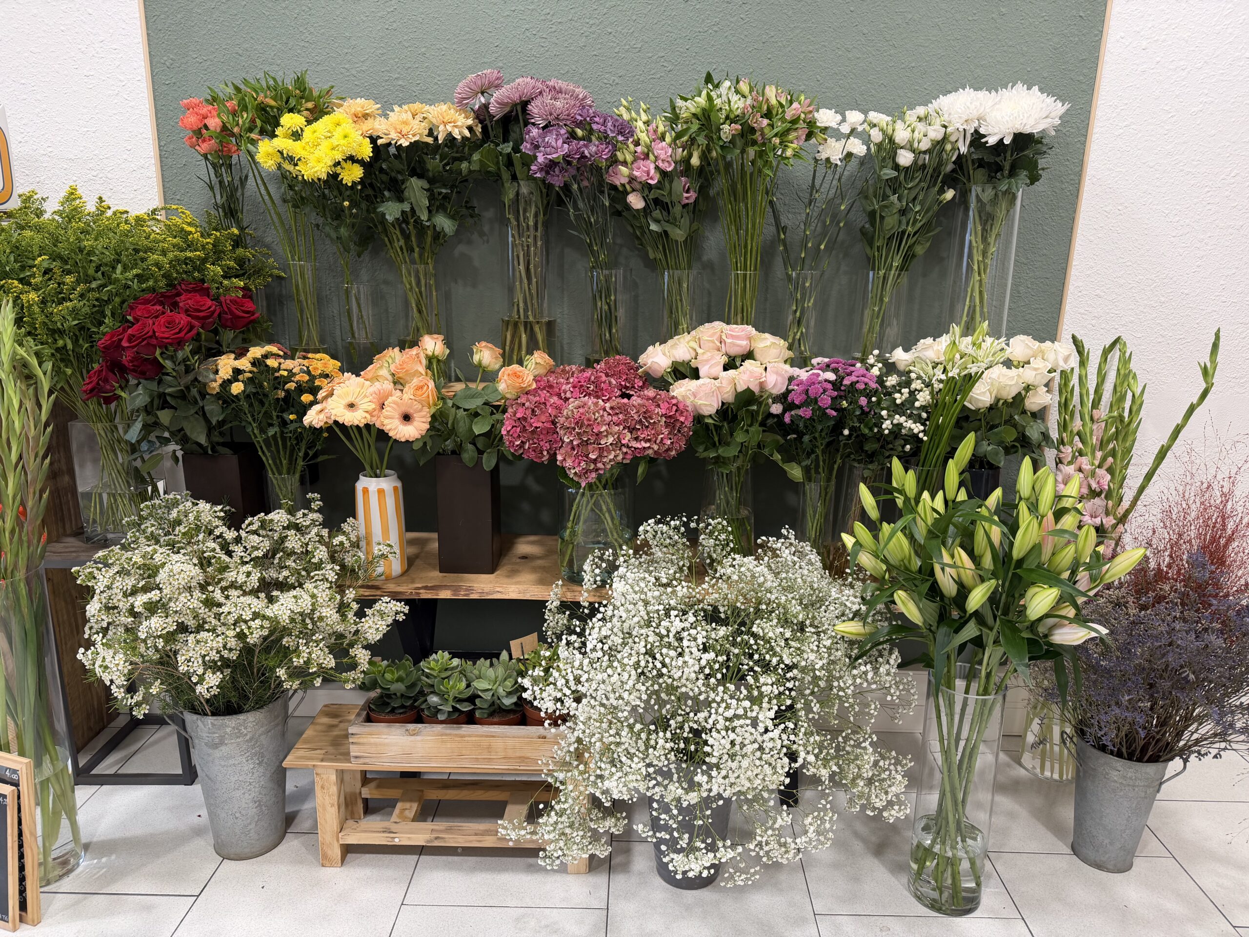 Vitrine de fleuriste avec bouquets et plantes décoratives